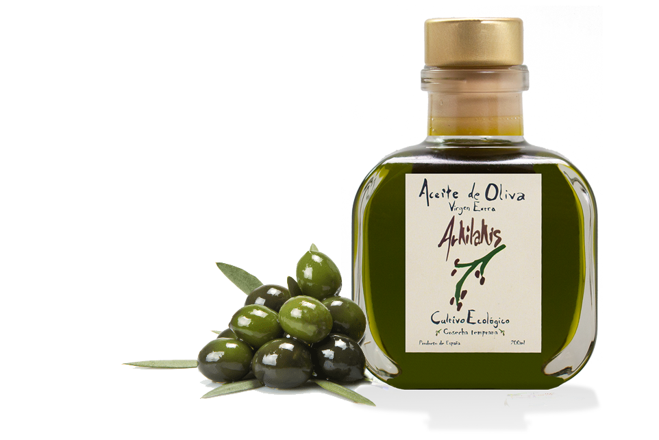 Botella de AOVE de verdeo premium de Arkilakis de 200 ml junto a un ramo de aceitunas verdes